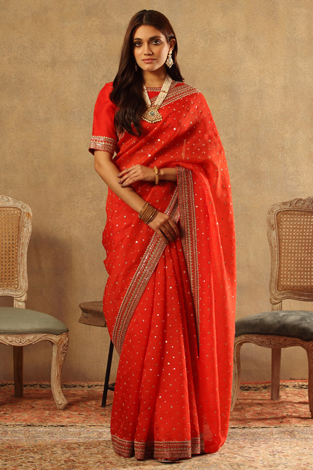 Embroidered Red Orange Pure Silk Organza Saree Set - Auraya Fashion - Trisvaraa - #tag1# - #tag2# - #tag3# - #tag3#