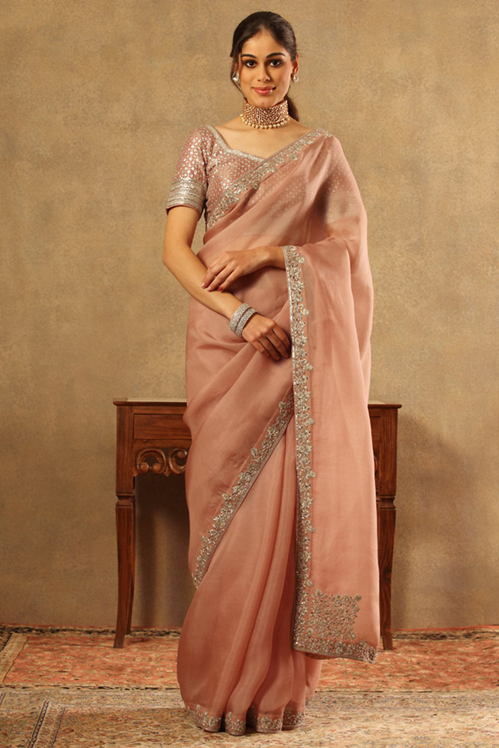 Embroidered Dusty Pastel Pink Pure Silk Organza Saree Set - Auraya Fashion - Trisvaraa - #tag1# - #tag2# - #tag3# - #tag3#