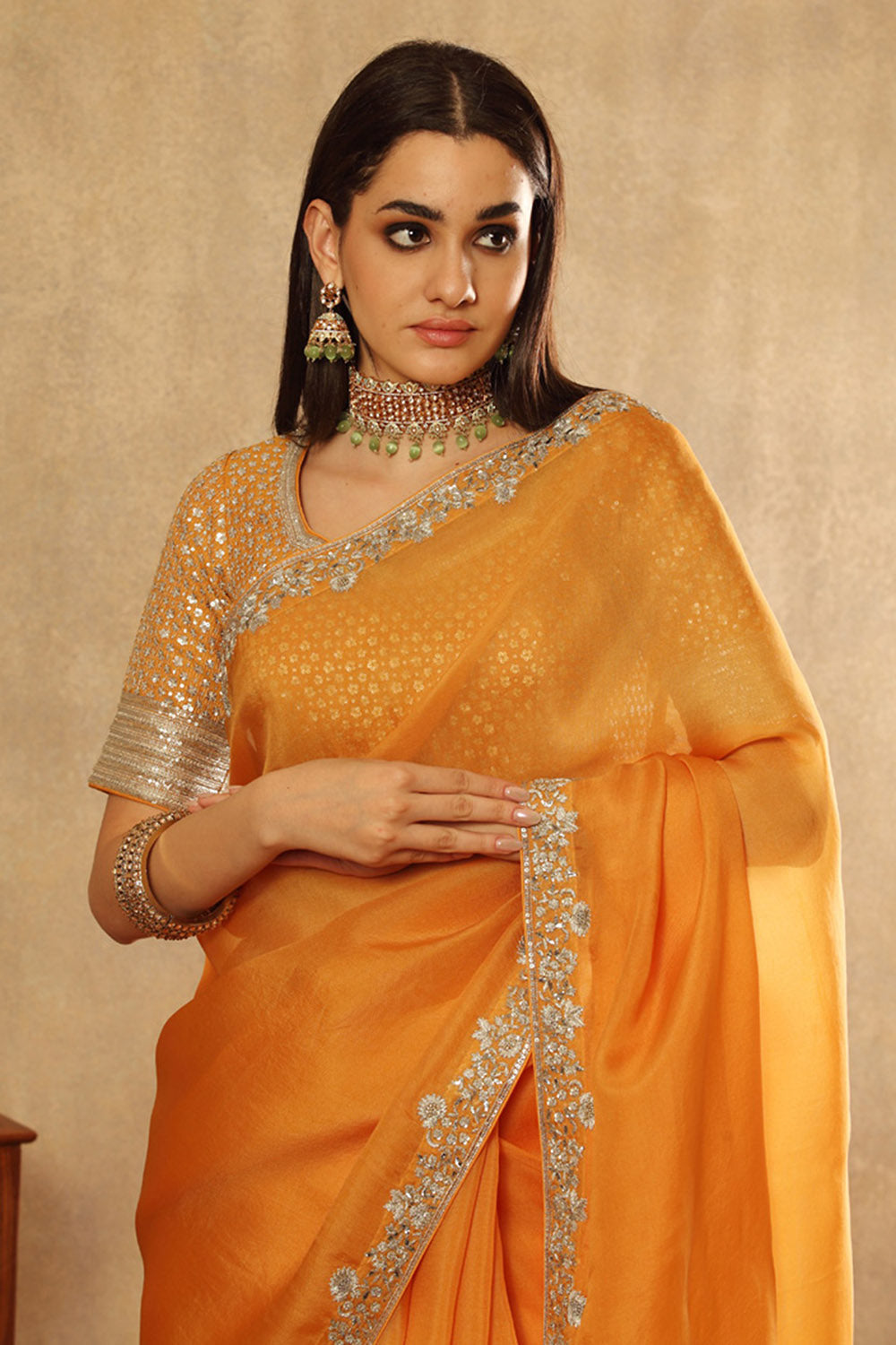 Embroidered Apricot Yellow Pure Silk Organza Saree Set - Auraya Fashion -  - #tag1# - #tag2# - #tag3# - #tag3#