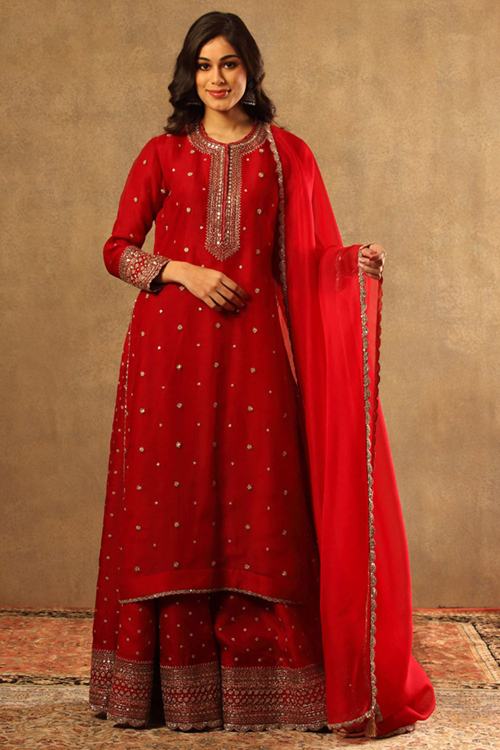 Embroidered Tango Red Pure Silk Organza Sharara Set - Auraya Fashion - Trisvaraa - #tag1# - #tag2# - #tag3# - #tag3#