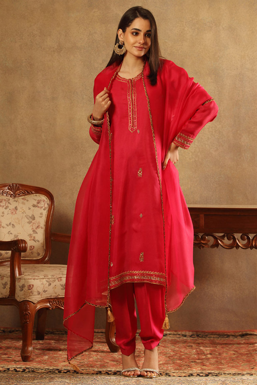 Embroidered Fuchsia Pink Pure Silk Organza Kurta Set - Auraya Fashion - Trisvaraa - #tag1# - #tag2# - #tag3# - #tag3#