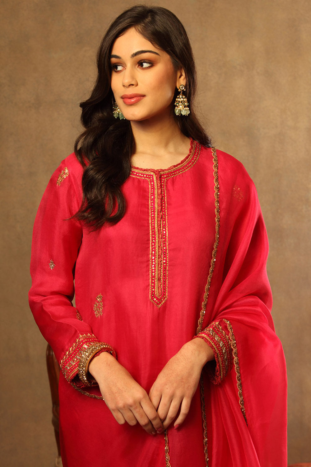 Embroidered Fuchsia Pink Pure Silk Organza Kurta Set - Auraya Fashion -  - #tag1# - #tag2# - #tag3# - #tag3#