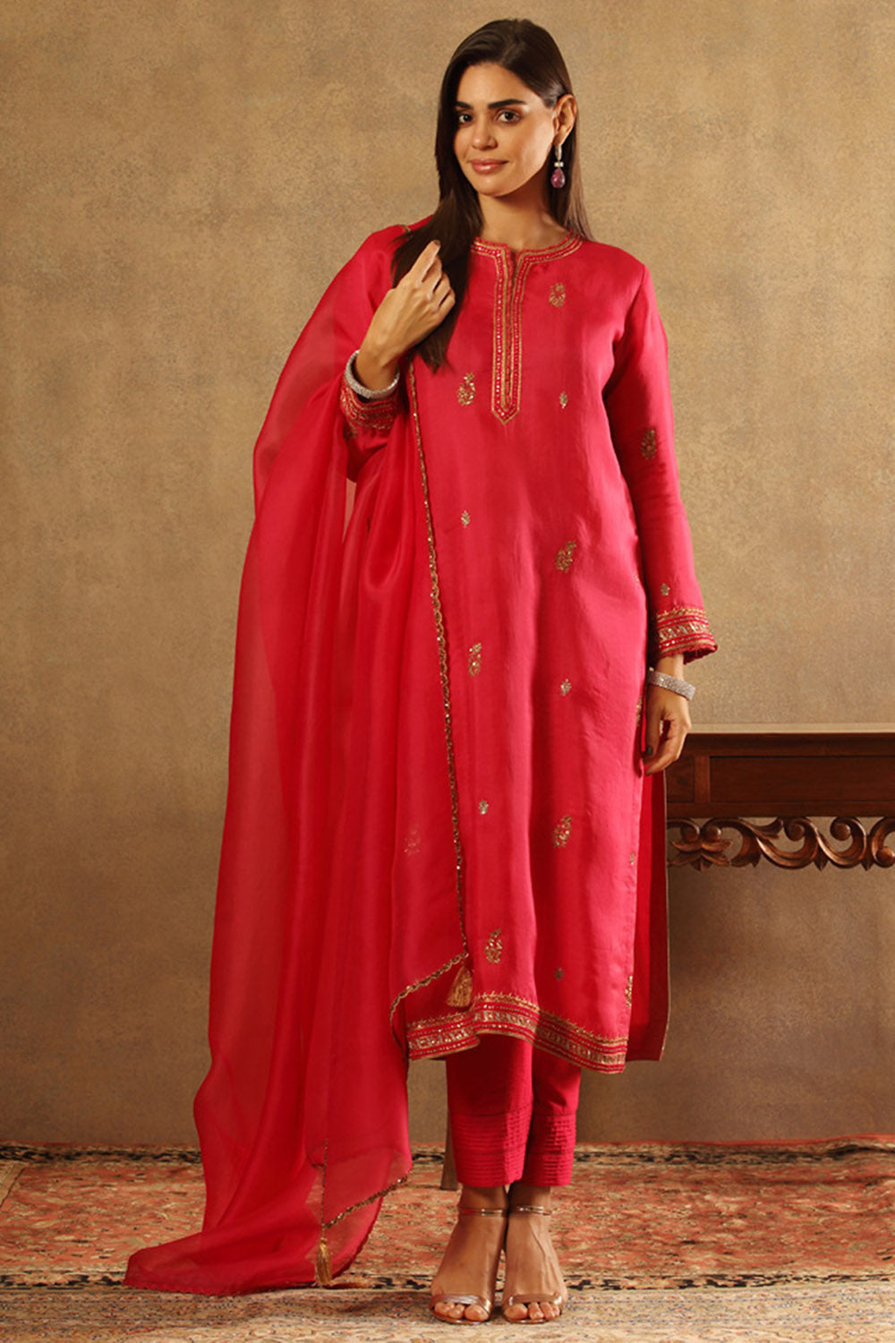 Embroidered Fuchsia Pink Pure Silk Organza Kurta Set - Auraya Fashion - Trisvaraa - #tag1# - #tag2# - #tag3# - #tag3#