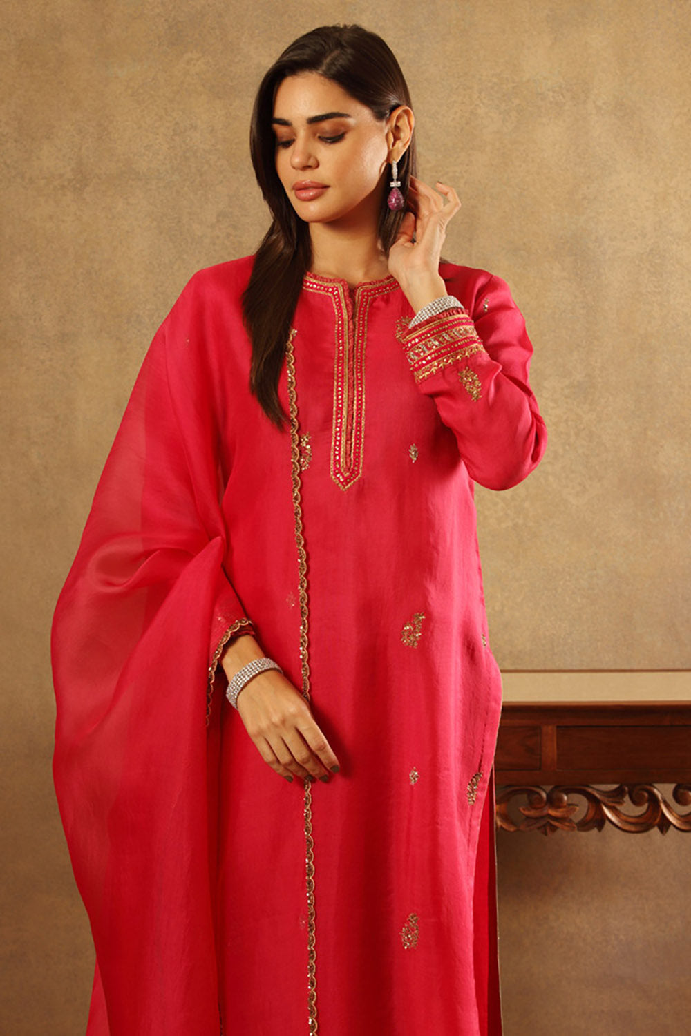 Embroidered Fuchsia Pink Pure Silk Organza Kurta Set - Auraya Fashion -  - #tag1# - #tag2# - #tag3# - #tag3#