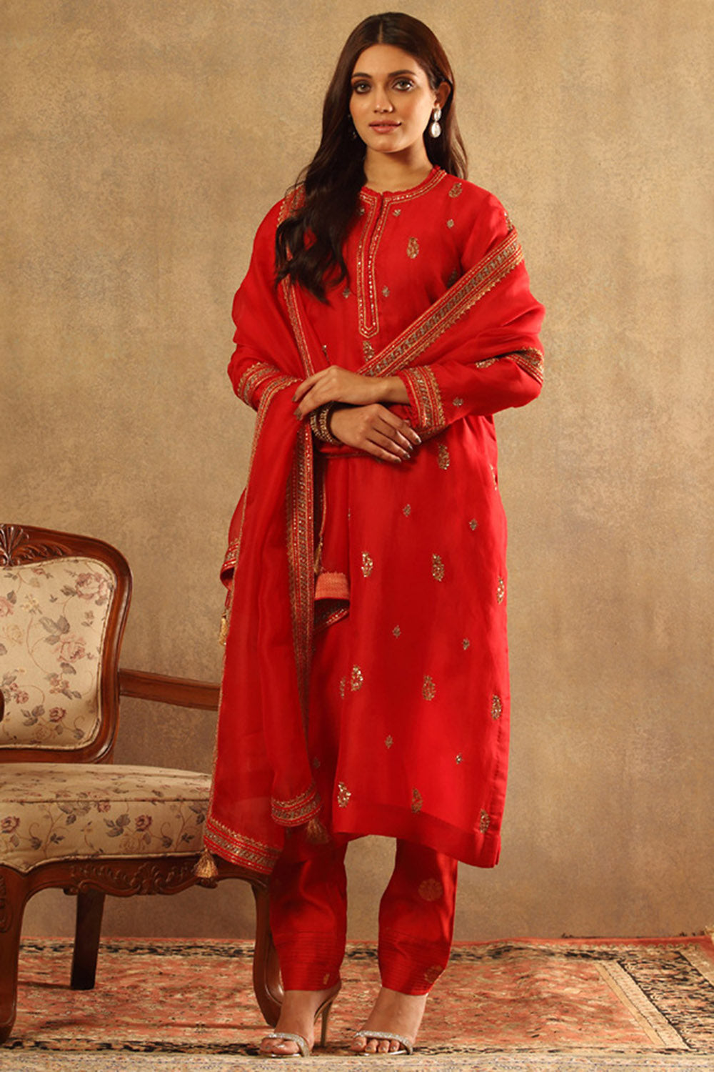 Embroidered Vermillion Red Pure Silk Organza Kurta Set - Auraya Fashion - Trisvaraa - #tag1# - #tag2# - #tag3# - #tag3#