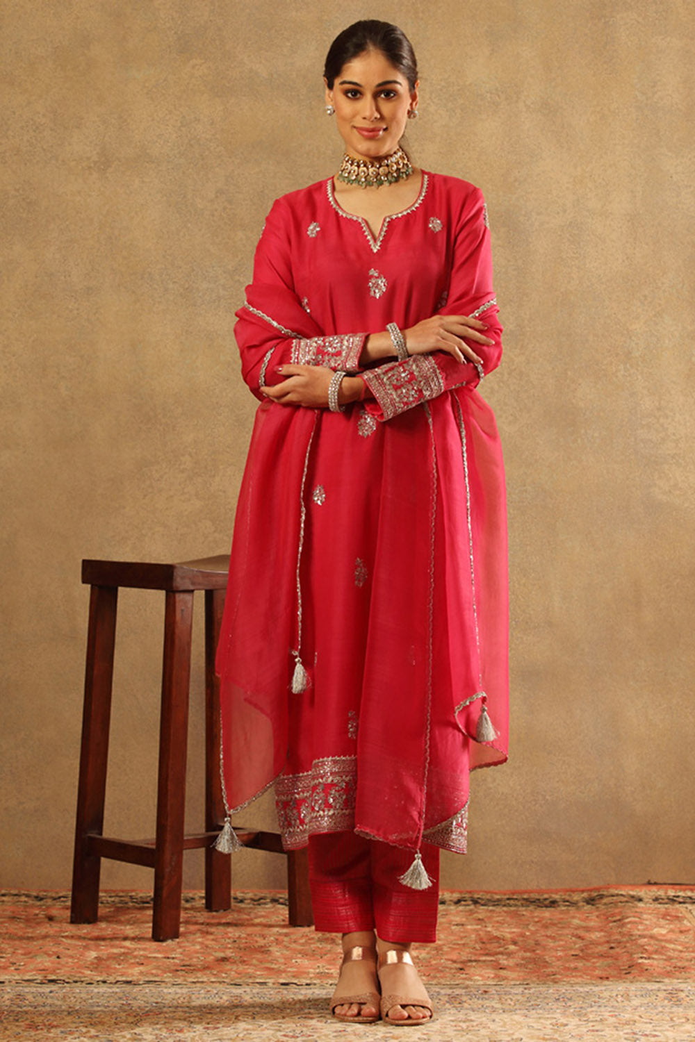 Handwoven Fuchsia Katan Silk Kurta Set - Auraya Fashion - Trisvaraa - #tag1# - #tag2# - #tag3# - #tag3#