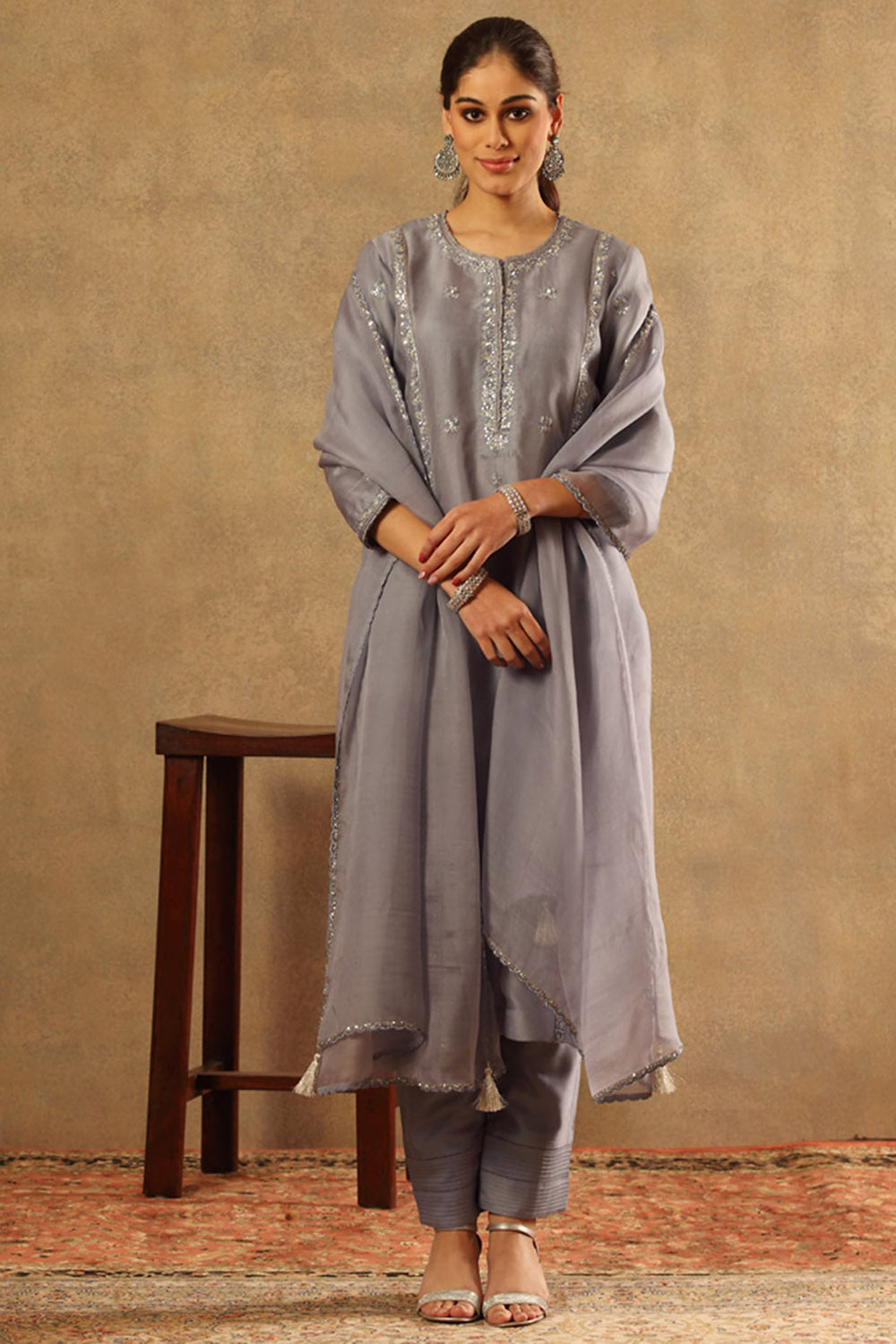 Handwoven Grey Blue Pure Silk Organza Kurta Set - Auraya Fashion - Trisvaraa - #tag1# - #tag2# - #tag3# - #tag3#