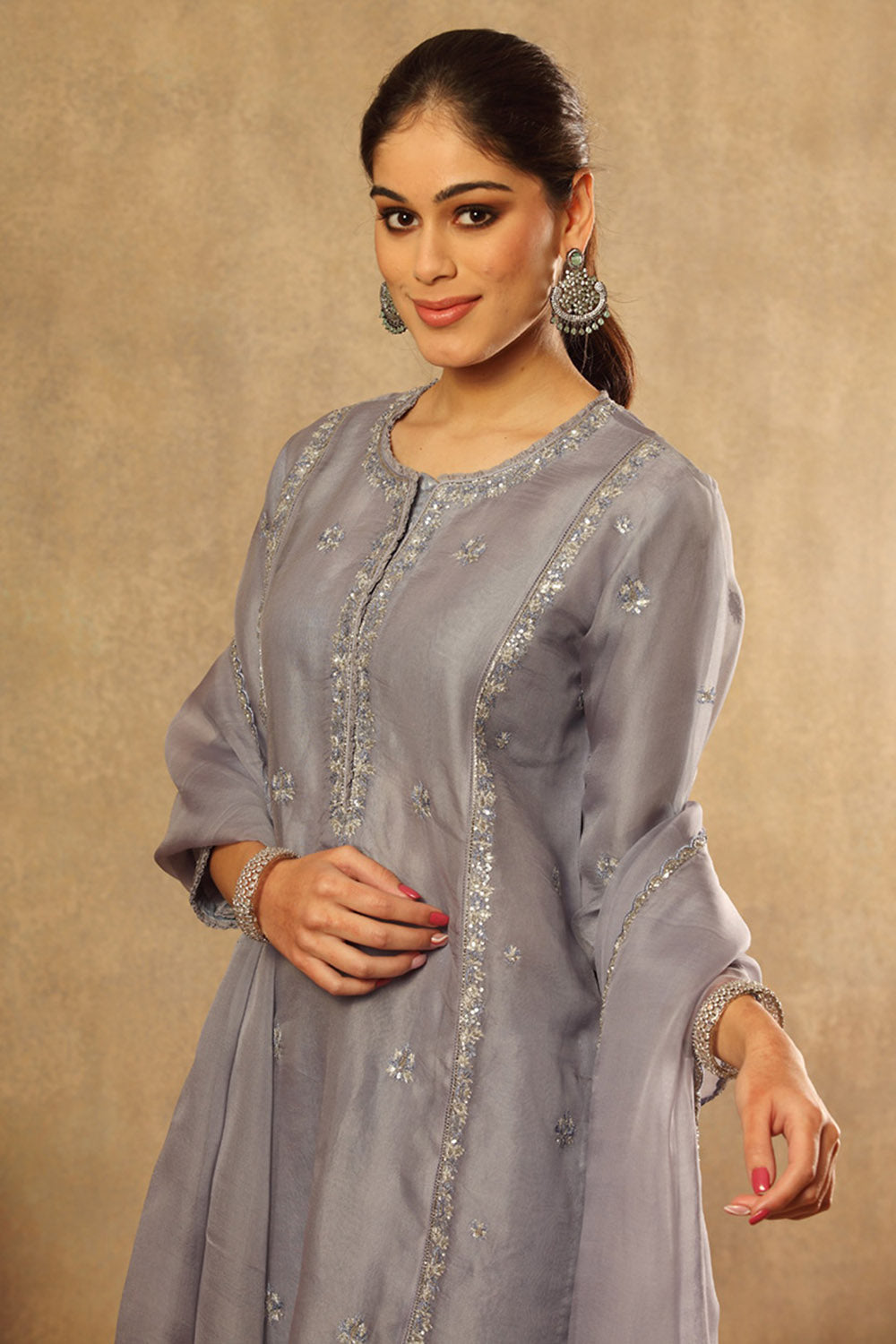 Handwoven Grey Blue Pure Silk Organza Kurta Set - Auraya Fashion -  - #tag1# - #tag2# - #tag3# - #tag3#