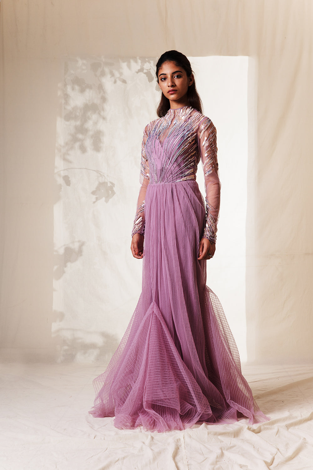 Radial Embroidered Lavender Gown
 With Pintucks Drape Details - Auraya Fashion - Vivek Patel - #tag1# - #tag2# - #tag3# - #tag3#