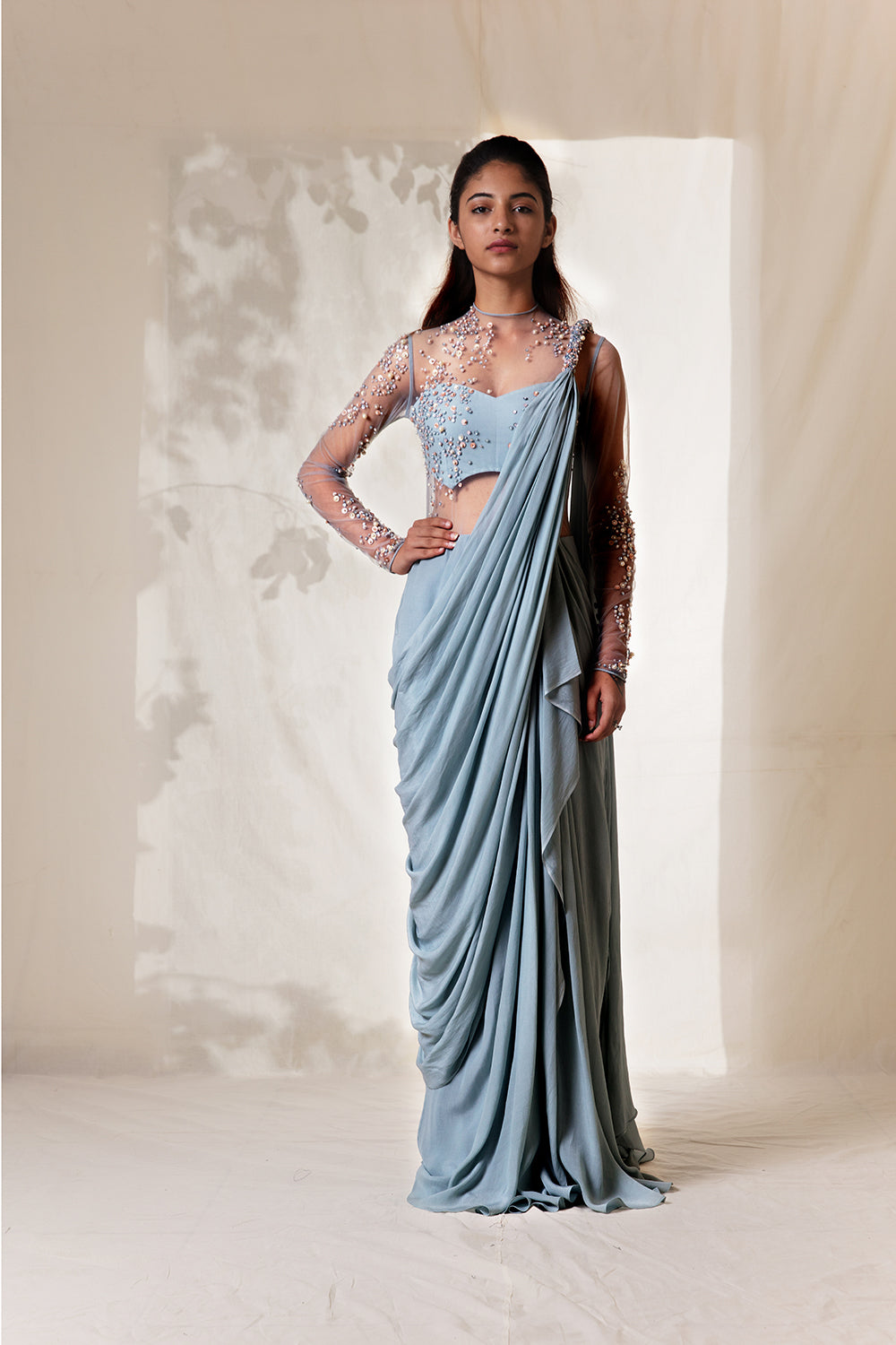 Frost Blue,Pearl Impression 
Knot Saree Gown. - Auraya Fashion - Vivek Patel - #tag1# - #tag2# - #tag3# - #tag3#