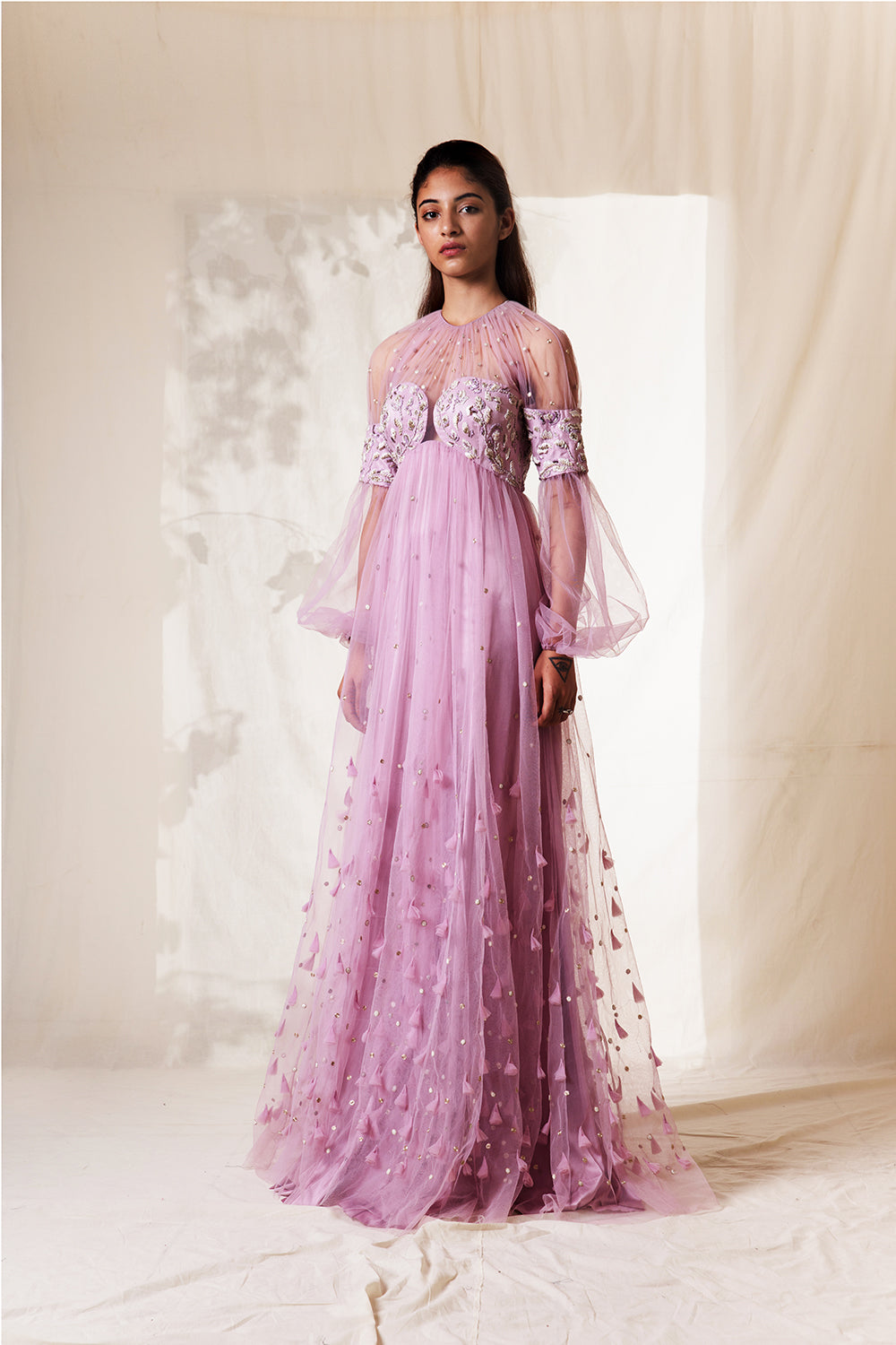 Flore Blot Embroidered Lavender Gown 
With Ornamented Details At Bottom. - Auraya Fashion - Vivek Patel - #tag1# - #tag2# - #tag3# - #tag3#