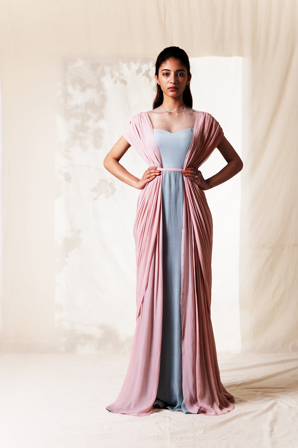 Two Tone Gown With Draped Sleeve.