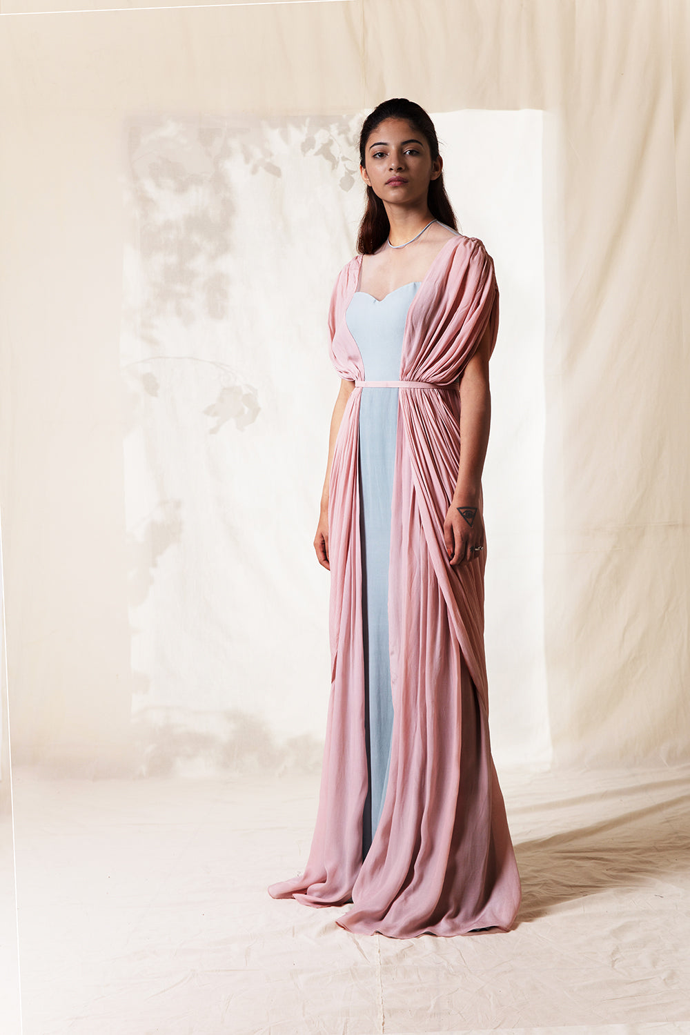 Two Tone Gown With Draped Sleeve.