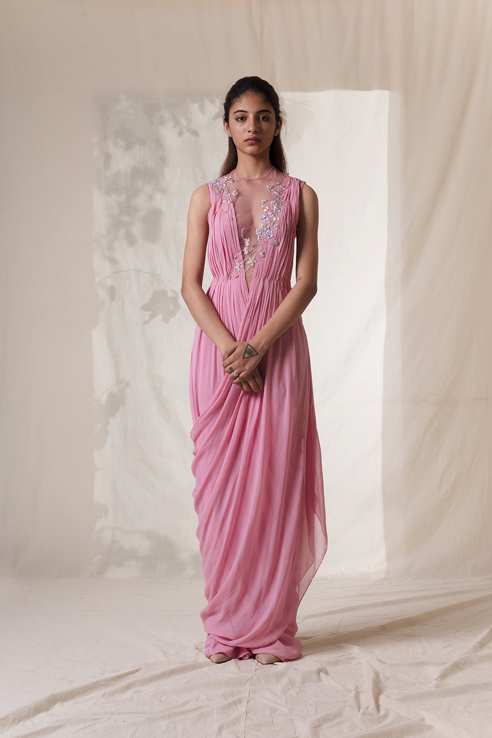 Cross Grecian Salmon Pink
 Embellished Gown. - Auraya Fashion - Vivek Patel - #tag1# - #tag2# - #tag3# - #tag3#