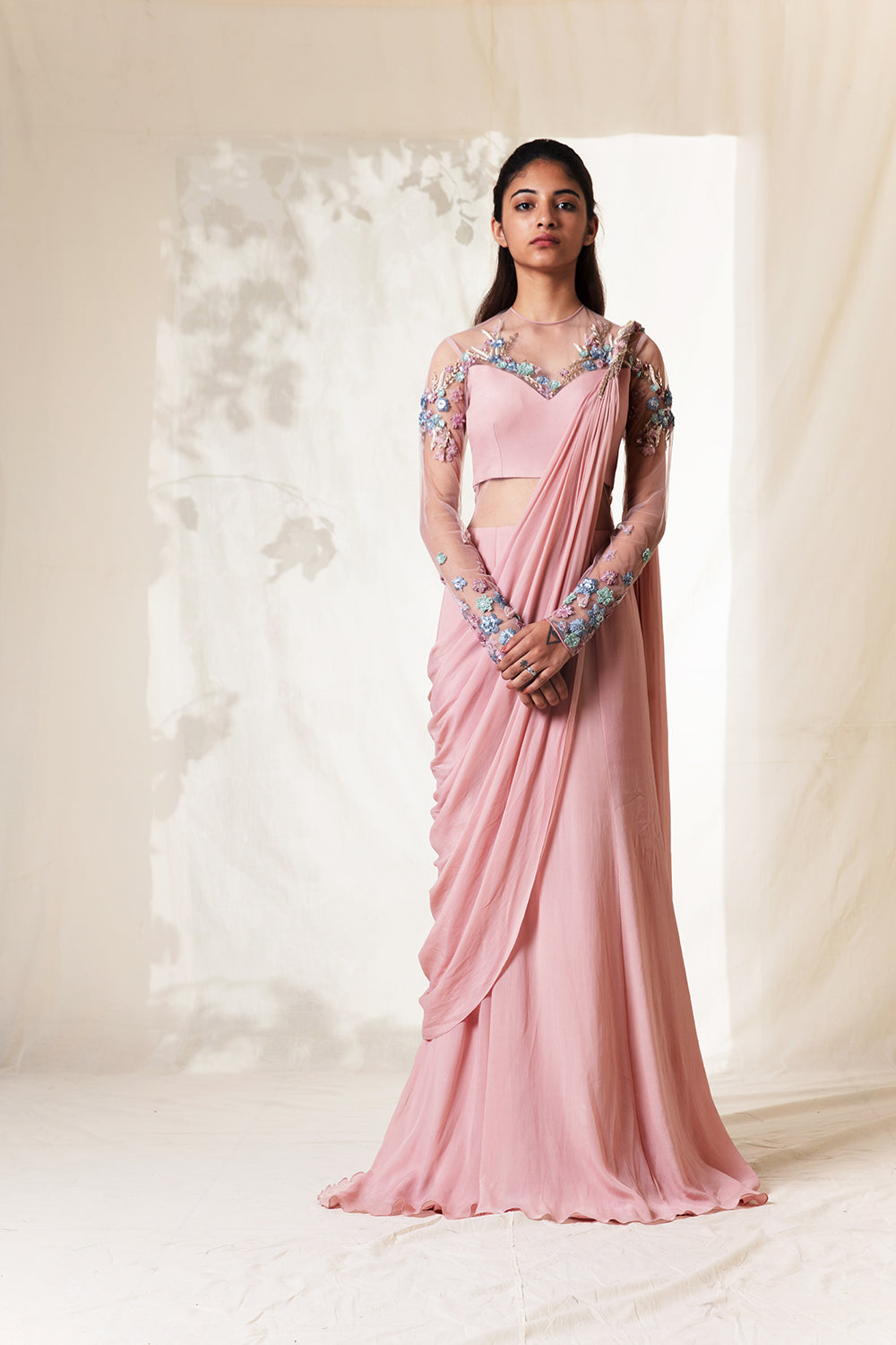 Multicolour Flore Impression
 Pearl Pink Saree Gown. - Auraya Fashion - Vivek Patel - #tag1# - #tag2# - #tag3# - #tag3#