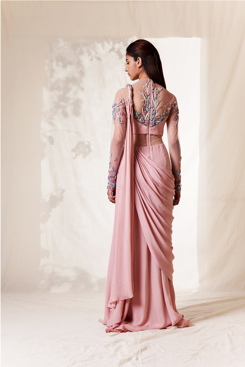 Multicolour Flore Impression
 Pearl Pink Saree Gown. - Auraya Fashion -  - #tag1# - #tag2# - #tag3# - #tag3#