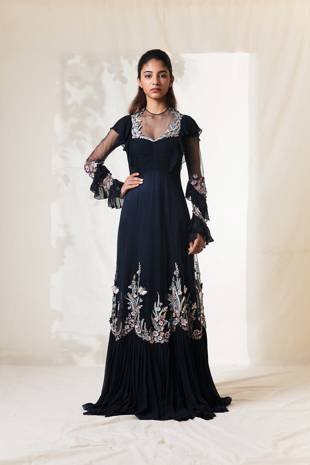 Midnight Blue Embellished Gown With 
 Frill Details At Shoulder And Sleeve. - Auraya Fashion - Vivek Patel - #tag1# - #tag2# - #tag3# - #tag3#