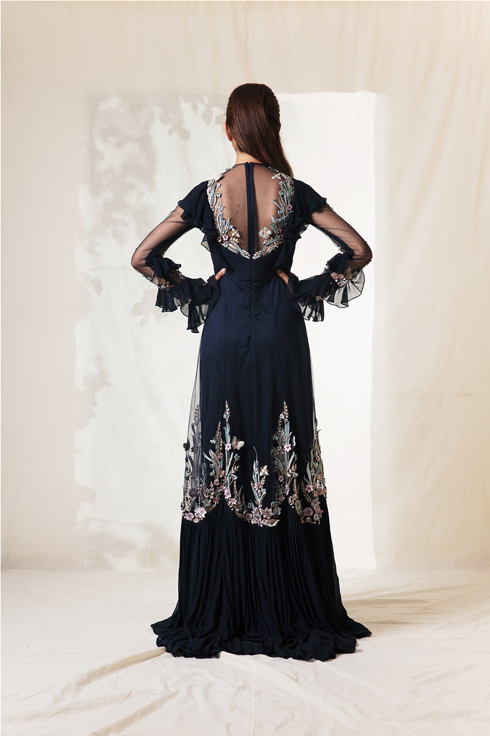 Midnight Blue Embellished Gown With 
 Frill Details At Shoulder And Sleeve. - Auraya Fashion -  - #tag1# - #tag2# - #tag3# - #tag3#