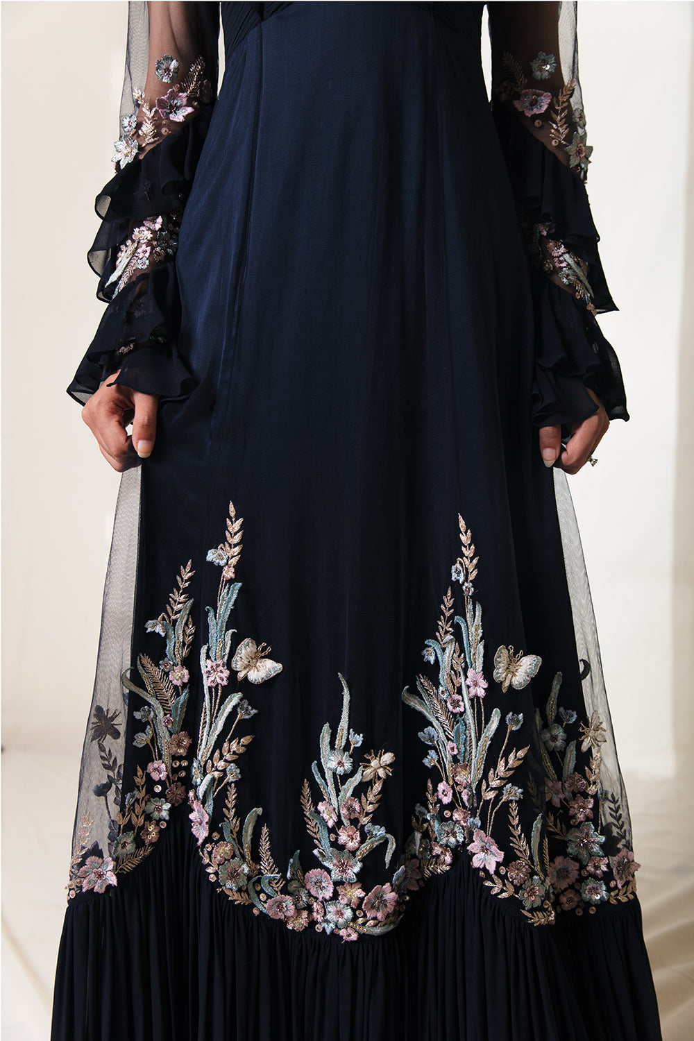 Midnight Blue Embellished Gown With 
 Frill Details At Shoulder And Sleeve. - Auraya Fashion -  - #tag1# - #tag2# - #tag3# - #tag3#