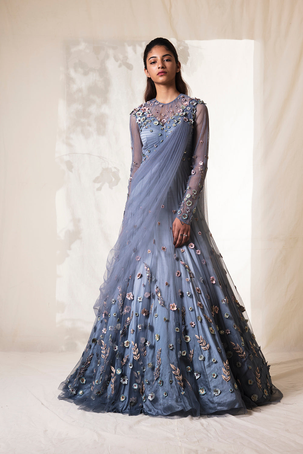 Pintucked Stone Blue Ombre
 Embroidered Lehanga With 
Floral Embroidery. - Auraya Fashion - Vivek Patel - #tag1# - #tag2# - #tag3# - #tag3#