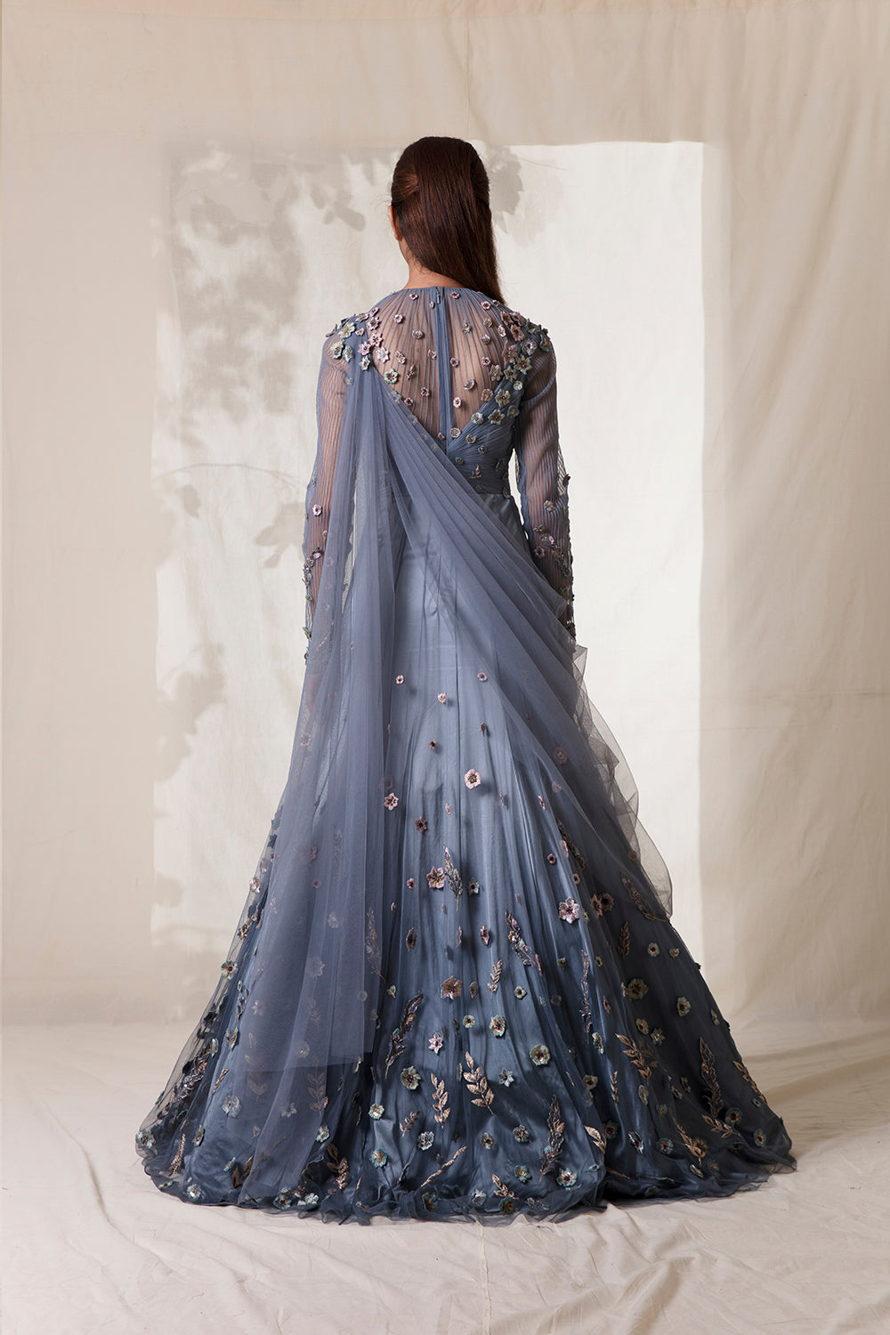 Pintucked Stone Blue Ombre
 Embroidered Lehanga With 
Floral Embroidery. - Auraya Fashion -  - #tag1# - #tag2# - #tag3# - #tag3#