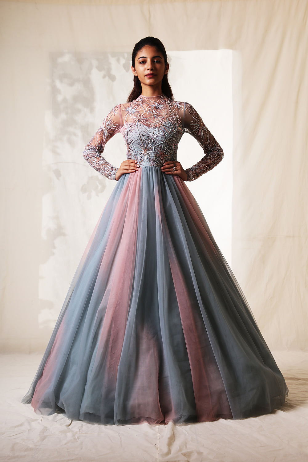 Pearl Pink And Frost Blue Ombre Gown 
With Cosmic Starbrust Blot Embroidery - Auraya Fashion - Vivek Patel - #tag1# - #tag2# - #tag3# - #tag3#