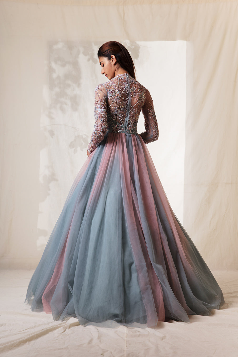 Pearl Pink And Frost Blue Ombre Gown 
With Cosmic Starbrust Blot Embroidery - Auraya Fashion -  - #tag1# - #tag2# - #tag3# - #tag3#