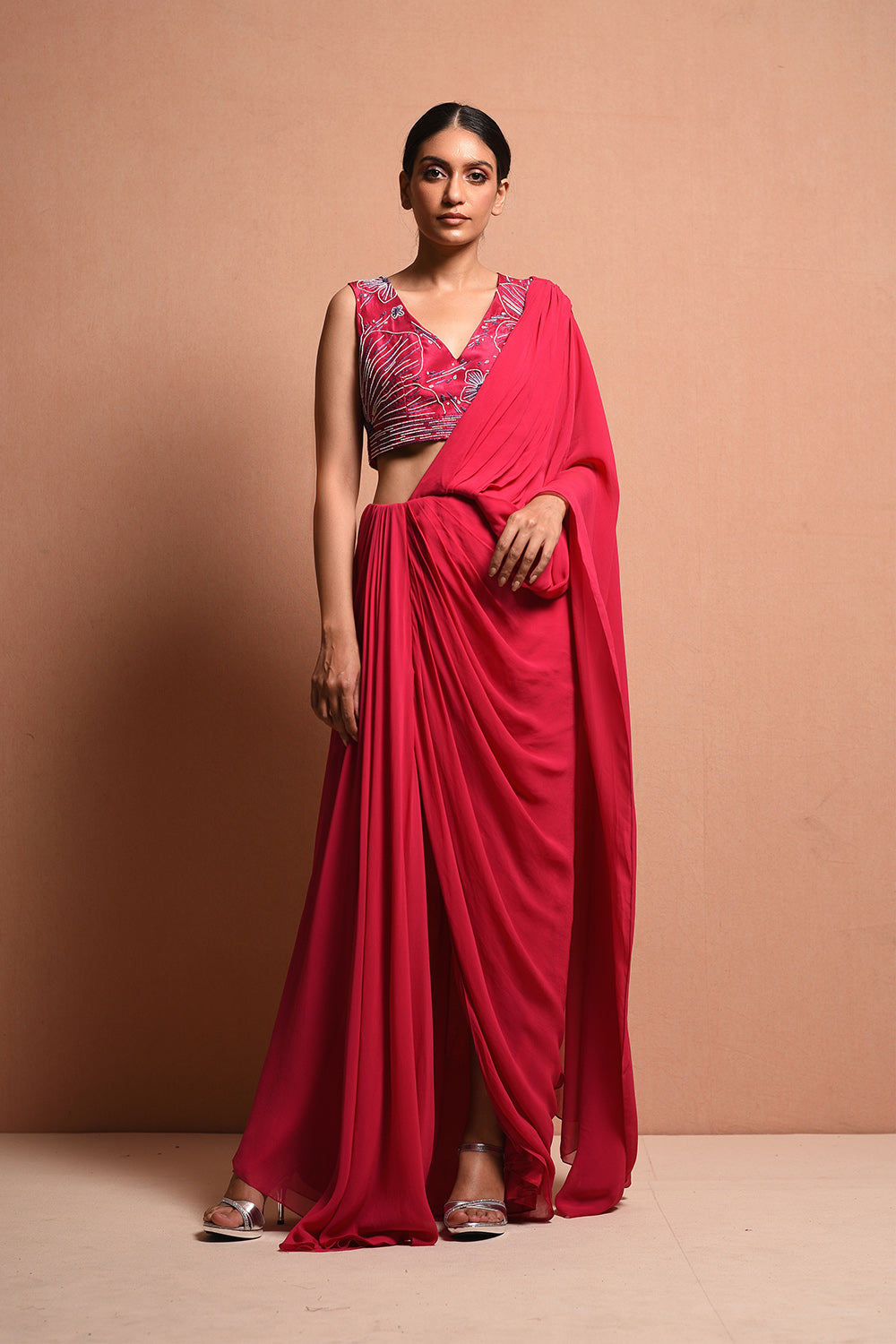 Mythology Influenced Saree Gown With Slit Details And Seprate Silk Dupion Blouse - Auraya Fashion - Vivek Patel - #tag1# - #tag2# - #tag3# - #tag3#