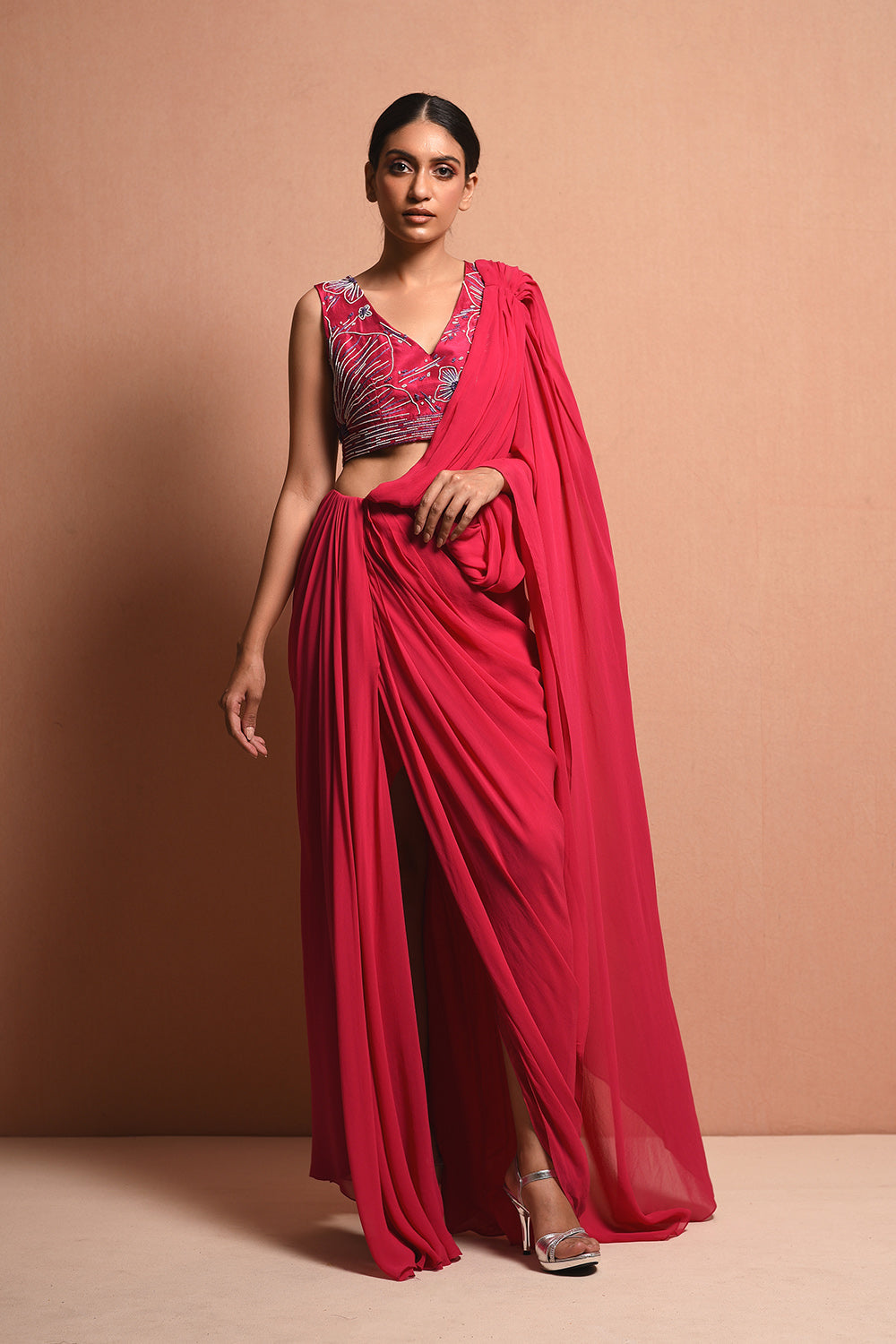 Mythology Influenced Saree Gown With Slit Details And Seprate Silk Dupion Blouse - Auraya Fashion -  - #tag1# - #tag2# - #tag3# - #tag3#