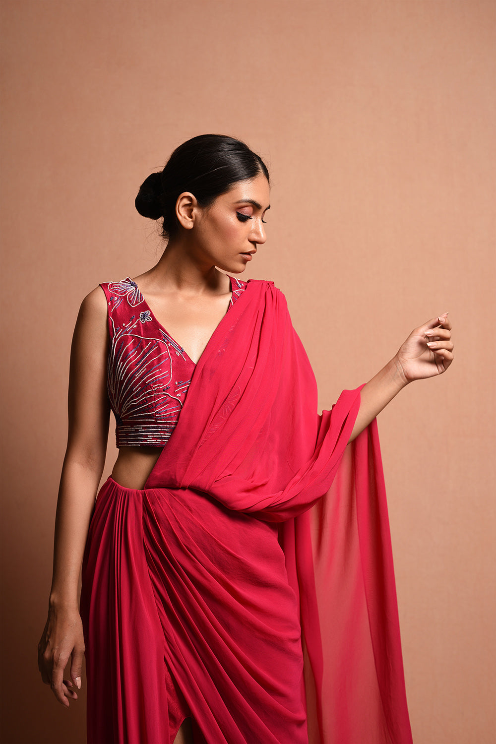 Mythology Influenced Saree Gown With Slit Details And Seprate Silk Dupion Blouse - Auraya Fashion -  - #tag1# - #tag2# - #tag3# - #tag3#