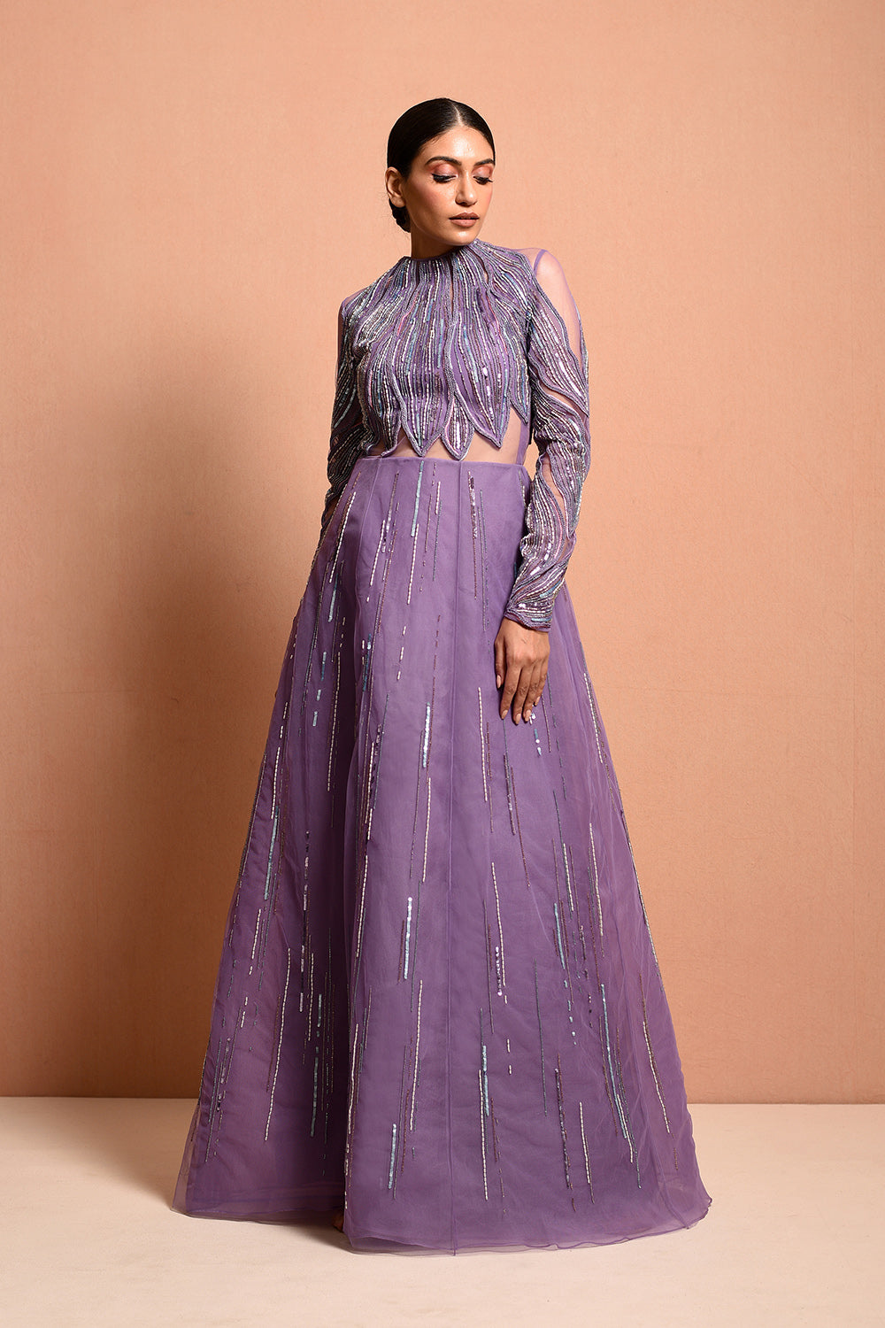 Petalwrap Gown Is Crafted Through Mesh And Silk Organza To Make It Ultralight Weight, Hand Embellished In Artwork Portraying Petal Encasing The Body. - Auraya Fashion -  - #tag1# - #tag2# - #tag3# - #tag3#