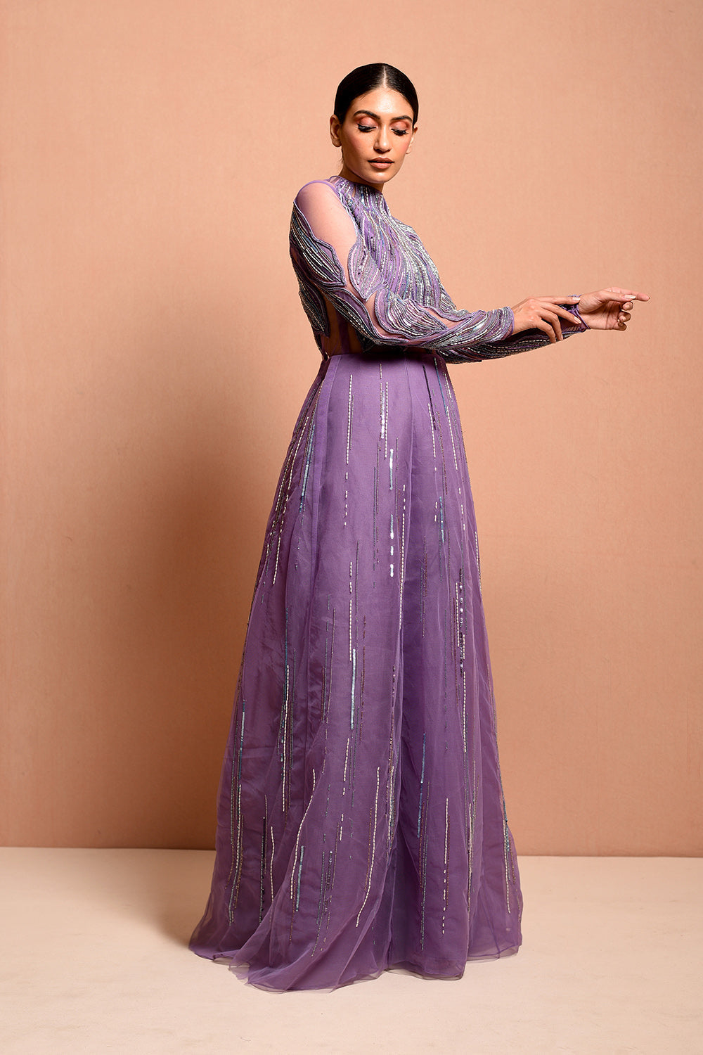 Petalwrap Gown Is Crafted Through Mesh And Silk Organza To Make It Ultralight Weight, Hand Embellished In Artwork Portraying Petal Encasing The Body. - Auraya Fashion -  - #tag1# - #tag2# - #tag3# - #tag3#