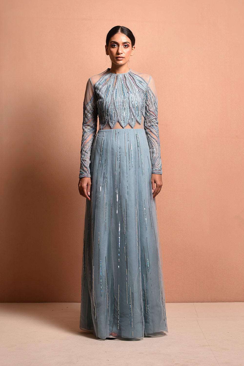 Petalwrap Gown Is Crafted Through Mesh And Silk Organza To Make It Ultralight Weight, Hand Embellished In Artwork Portraying Petal Encasing The Body. - Auraya Fashion - Vivek Patel - #tag1# - #tag2# - #tag3# - #tag3#