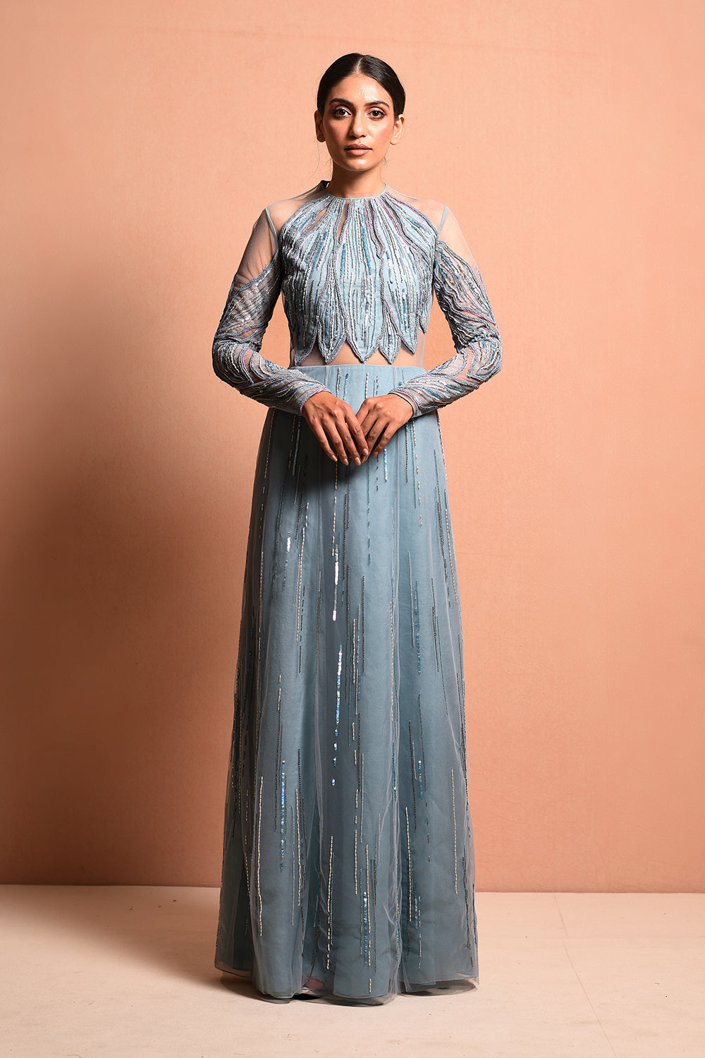 Petalwrap Gown Is Crafted Through Mesh And Silk Organza To Make It Ultralight Weight, Hand Embellished In Artwork Portraying Petal Encasing The Body. - Auraya Fashion -  - #tag1# - #tag2# - #tag3# - #tag3#