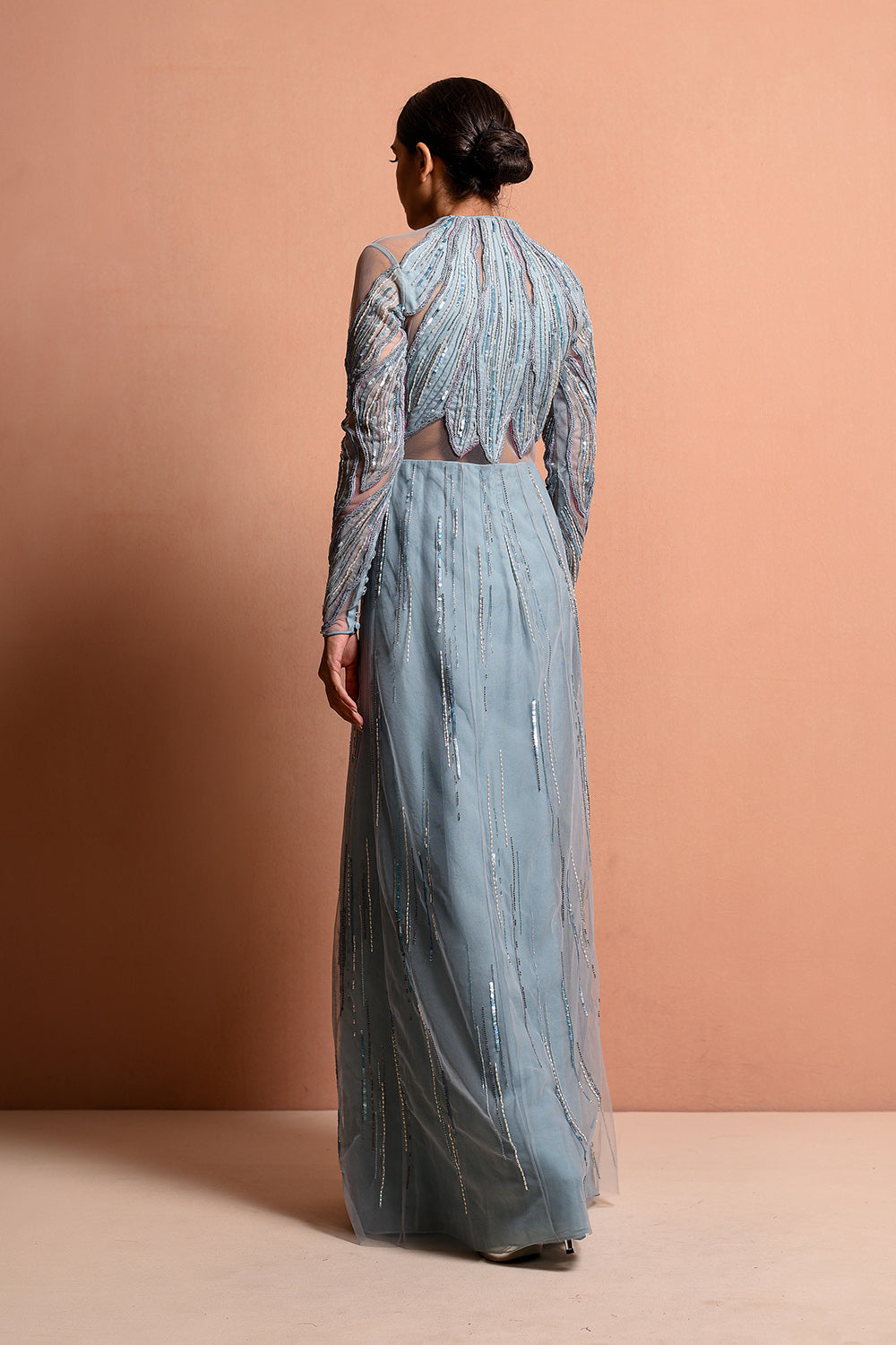 Petalwrap Gown Is Crafted Through Mesh And Silk Organza To Make It Ultralight Weight, Hand Embellished In Artwork Portraying Petal Encasing The Body. - Auraya Fashion -  - #tag1# - #tag2# - #tag3# - #tag3#