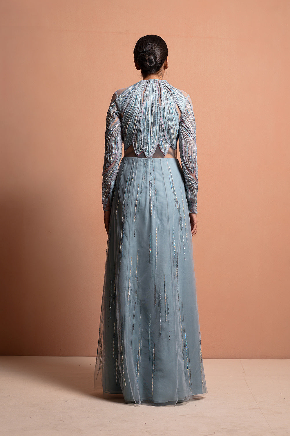 Petalwrap Gown Is Crafted Through Mesh And Silk Organza To Make It Ultralight Weight, Hand Embellished In Artwork Portraying Petal Encasing The Body. - Auraya Fashion -  - #tag1# - #tag2# - #tag3# - #tag3#