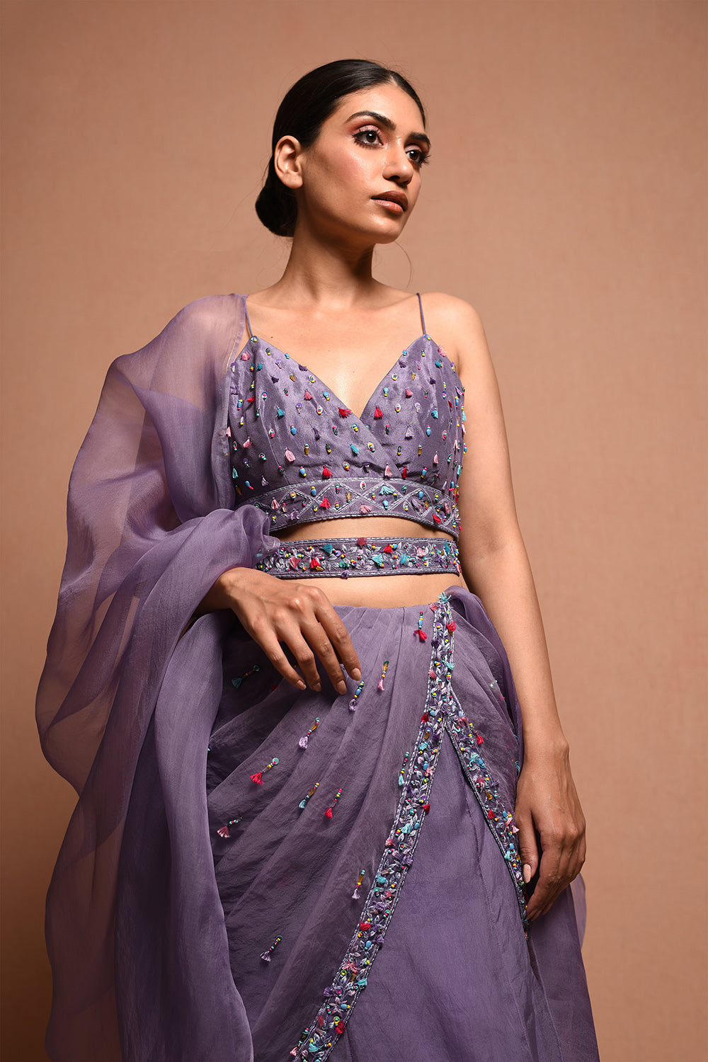 Pollenbasic Saree Gown Conceptualises From The Form Of Bloom, Transparency, And The Vibrance Of Colors Of Pollen, It Features Seprate Blouse With Belt And Silk Organza Dupatta. - Auraya Fashion -  - #tag1# - #tag2# - #tag3# - #tag3#