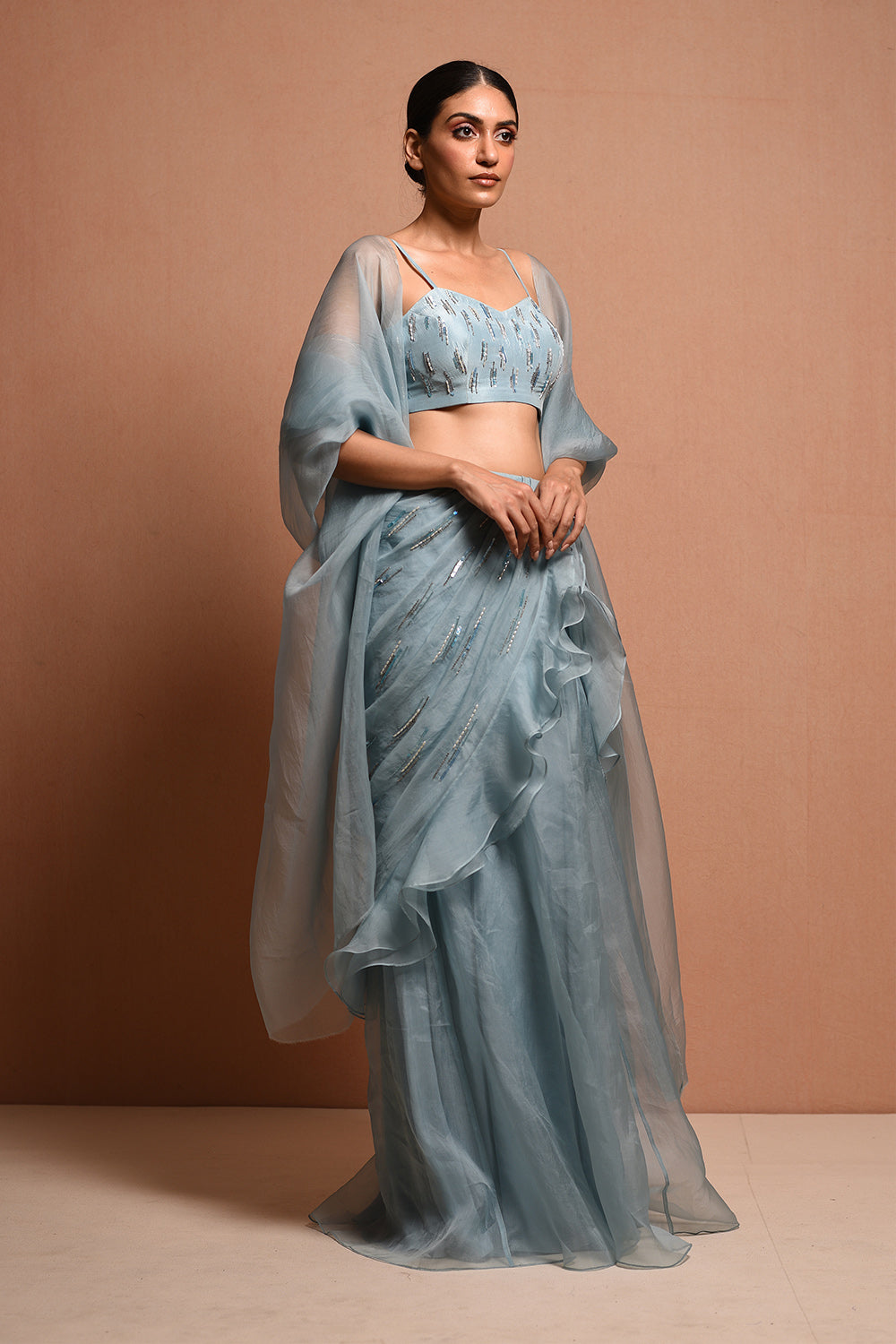 Foliage Saree Gown Features Petalfoliage Cape Embellished In Artwork Portraying Petals, It Is Scalloped With Knoted Yarn And Appliqued With Silk Organza. - Auraya Fashion -  - #tag1# - #tag2# - #tag3# - #tag3#