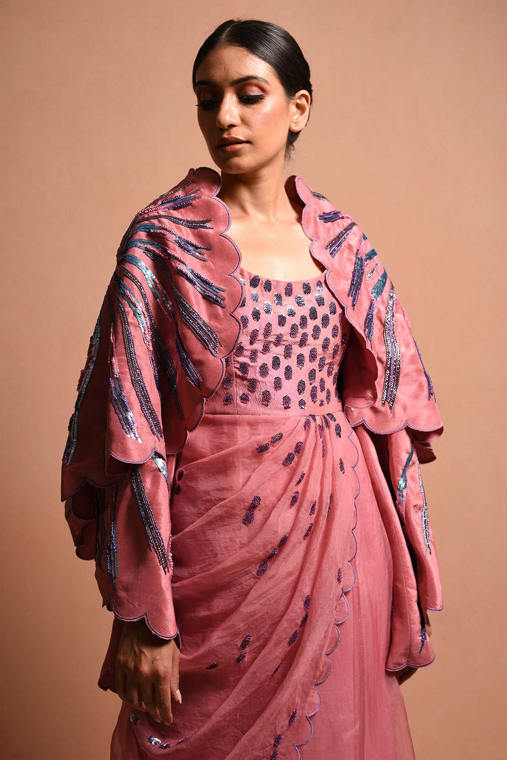 Radialwrap Saree Gown Features Cape Jacket And Organic Polka Dot Saree Gown In Silk Dupion And Silk Organza. - Auraya Fashion -  - #tag1# - #tag2# - #tag3# - #tag3#