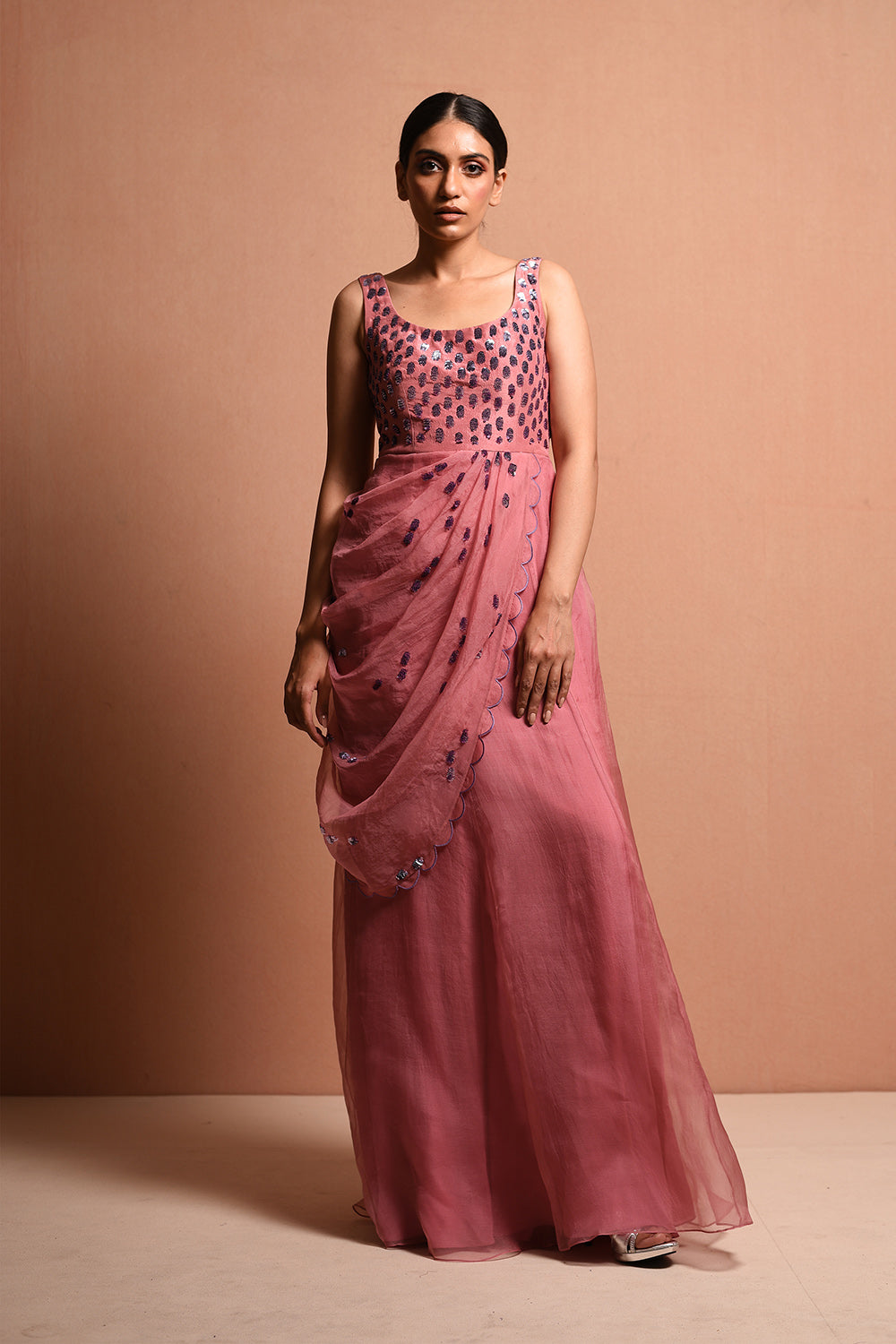 Radialwrap Saree Gown Features Cape Jacket And Organic Polka Dot Saree Gown In Silk Dupion And Silk Organza. - Auraya Fashion -  - #tag1# - #tag2# - #tag3# - #tag3#