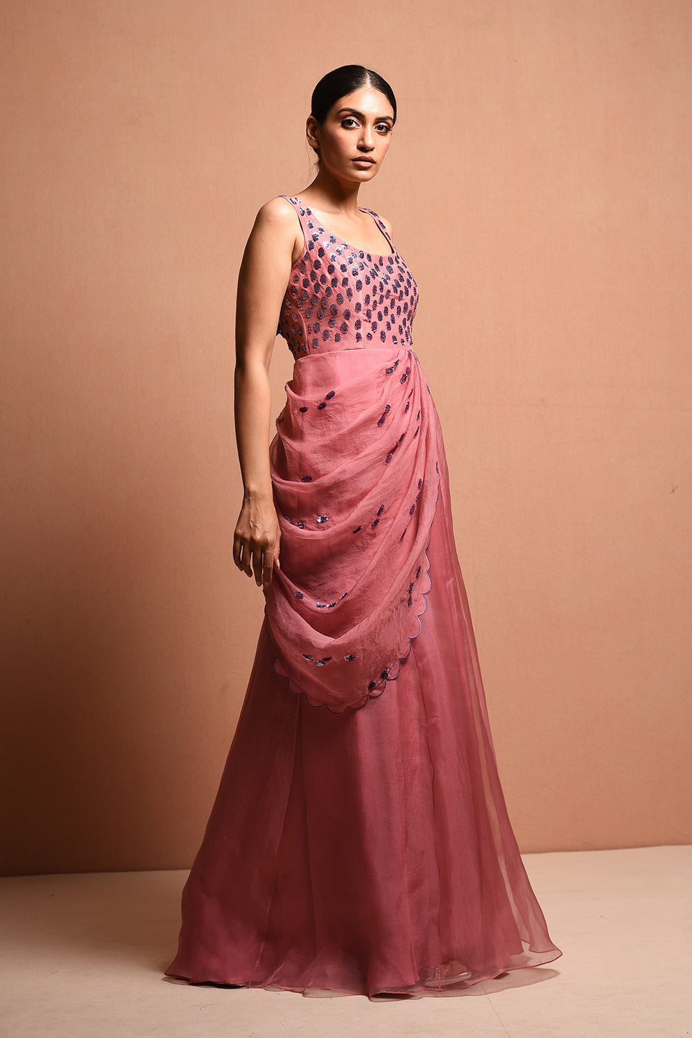 Radialwrap Saree Gown Features Cape Jacket And Organic Polka Dot Saree Gown In Silk Dupion And Silk Organza. - Auraya Fashion -  - #tag1# - #tag2# - #tag3# - #tag3#