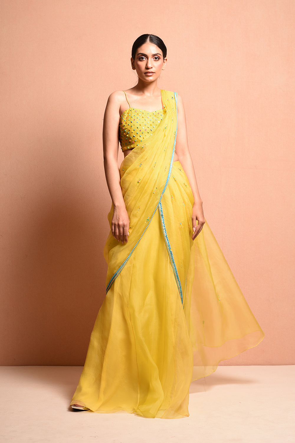 Pastelpoppy Saree Gown Features Silk Dupion Blouse, Hand Embellished With Beads And Sequins. It Is Paired With Blouse, And Cape Jacket. - Auraya Fashion - Vivek Patel - #tag1# - #tag2# - #tag3# - #tag3#