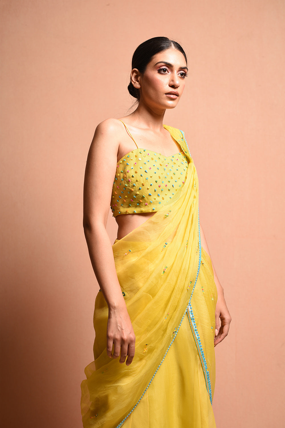 Pastelpoppy Saree Gown Features Silk Dupion Blouse, Hand Embellished With Beads And Sequins. It Is Paired With Blouse, And Cape Jacket. - Auraya Fashion -  - #tag1# - #tag2# - #tag3# - #tag3#