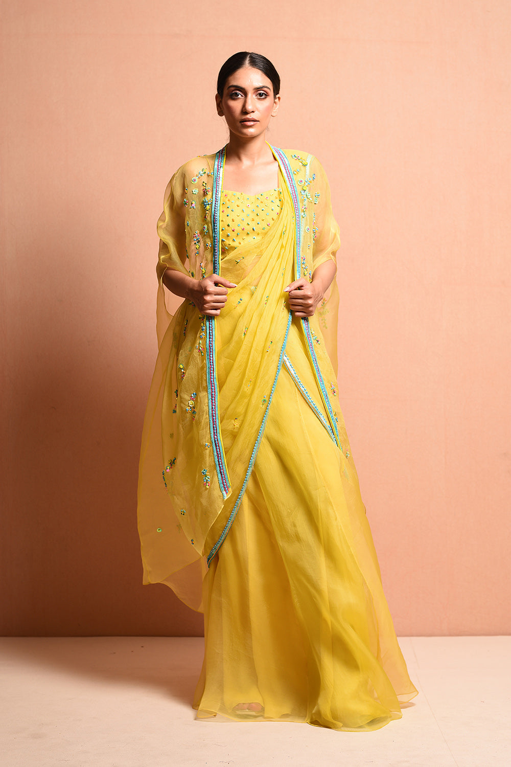 Pastelpoppy Saree Gown Features Silk Dupion Blouse, Hand Embellished With Beads And Sequins. It Is Paired With Blouse, And Cape Jacket. - Auraya Fashion -  - #tag1# - #tag2# - #tag3# - #tag3#