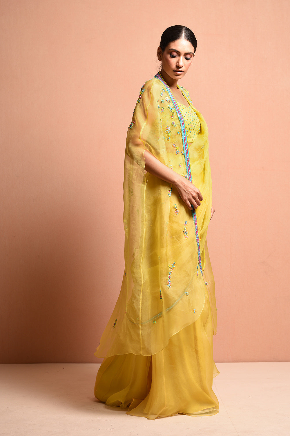 Pastelpoppy Saree Gown Features Silk Dupion Blouse, Hand Embellished With Beads And Sequins. It Is Paired With Blouse, And Cape Jacket. - Auraya Fashion -  - #tag1# - #tag2# - #tag3# - #tag3#