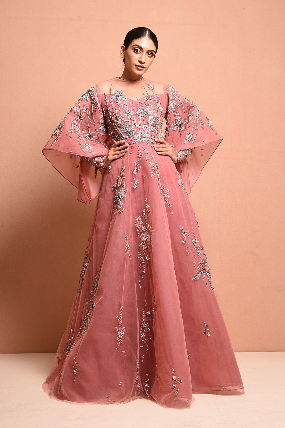 Pollenbloom Gown Features Moulded Sleeve Details, Hand Embellished In Art Nouveau Artwork With Wild Flowers And Scattered Pollen. - Auraya Fashion - Vivek Patel - #tag1# - #tag2# - #tag3# - #tag3#