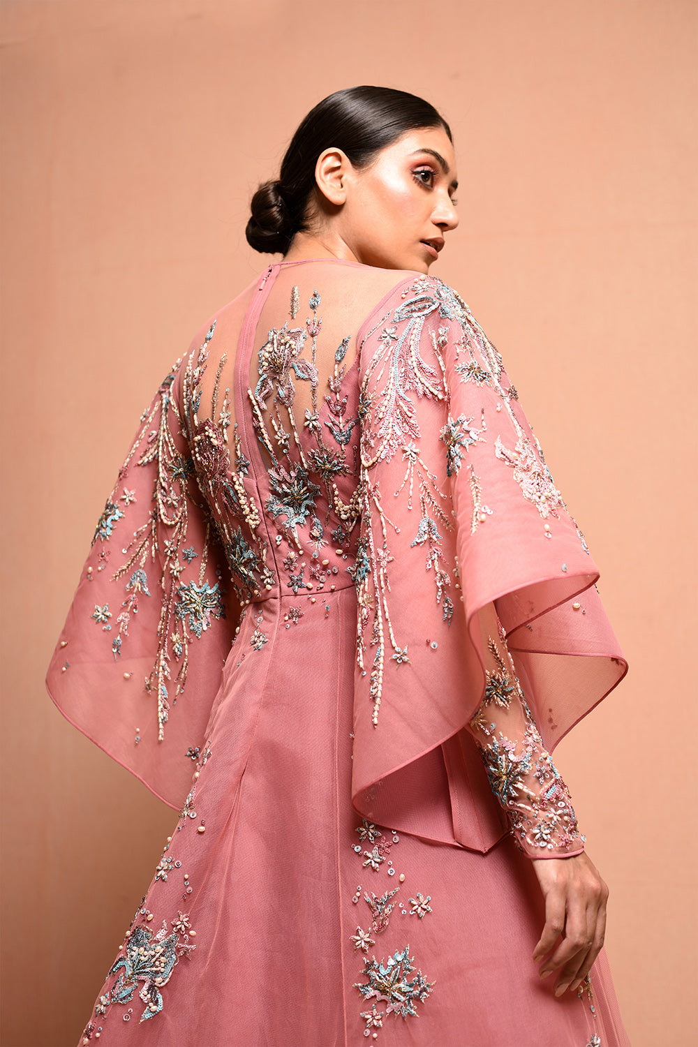 Pollenbloom Gown Features Moulded Sleeve Details, Hand Embellished In Art Nouveau Artwork With Wild Flowers And Scattered Pollen. - Auraya Fashion -  - #tag1# - #tag2# - #tag3# - #tag3#