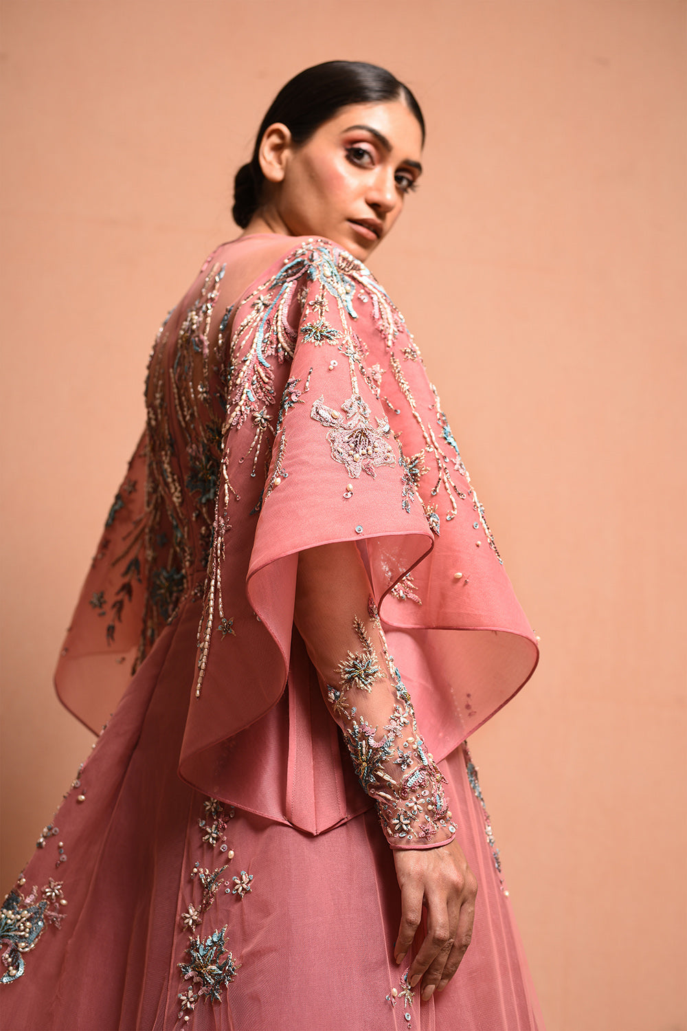 Pollenbloom Gown Features Moulded Sleeve Details, Hand Embellished In Art Nouveau Artwork With Wild Flowers And Scattered Pollen. - Auraya Fashion -  - #tag1# - #tag2# - #tag3# - #tag3#