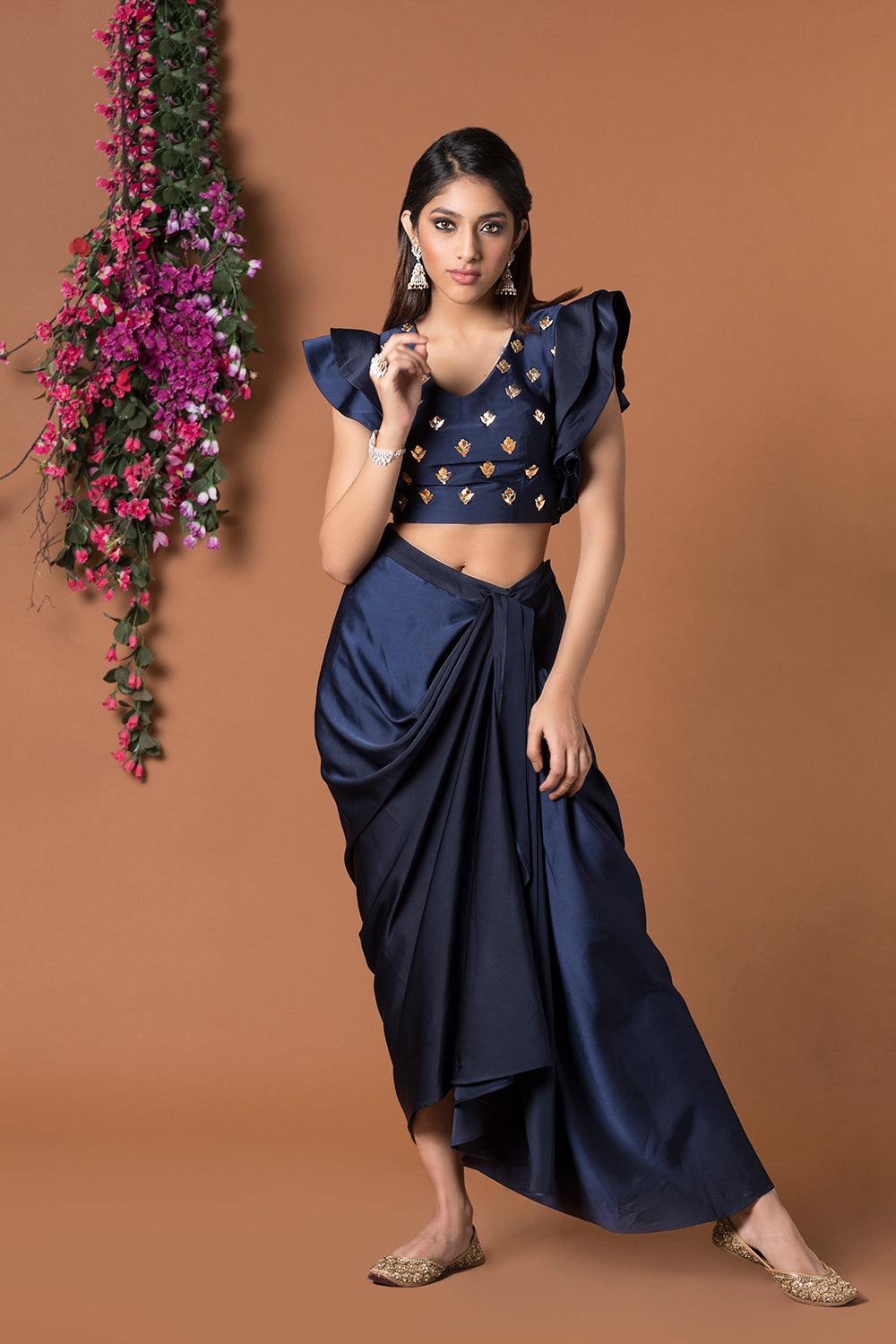 Blue Crop Top With Draped Skirt - Auraya Fashion - Mehak Murpana - #tag1# - #tag2# - #tag3# - #tag3#