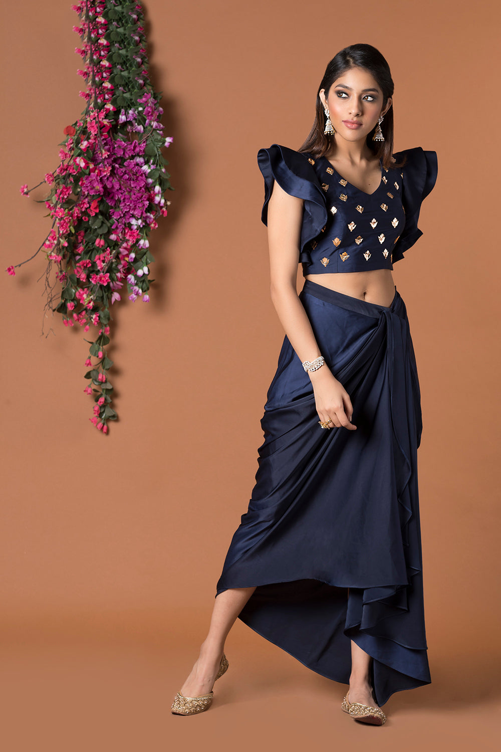 Blue Crop Top With Draped Skirt - Auraya Fashion -  - #tag1# - #tag2# - #tag3# - #tag3#